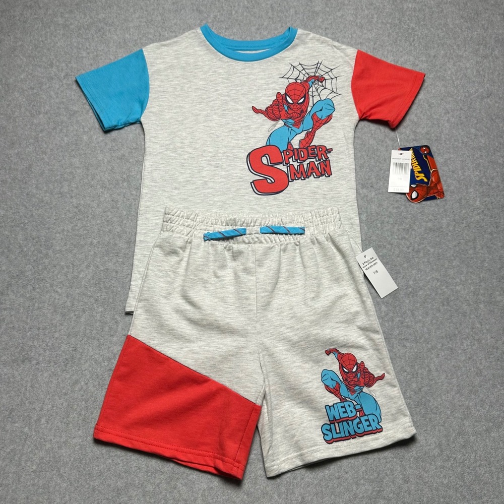 Marvel Spider-Man Boys 2 Piece Shirt Shorts Set Heather Grey Red Blue 7/8 NEW